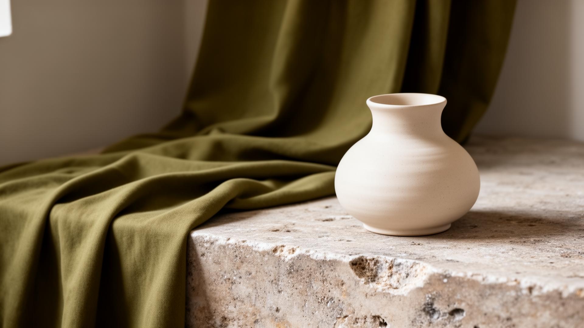 Editorial still life of draped fabric and ceramic vessel